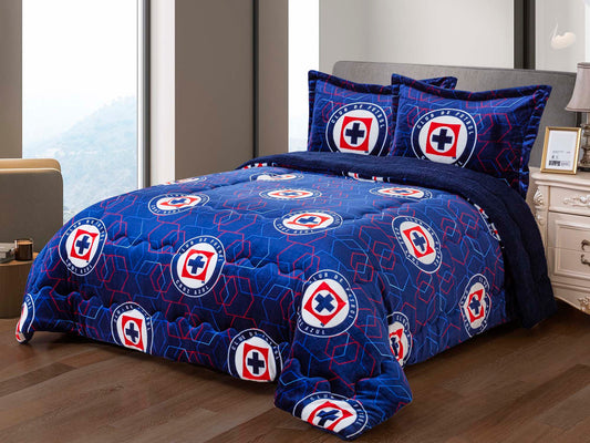 Soccer King Size, Cruz Azul 3 pc Sherpa (Borrego) Lined Blanket Set