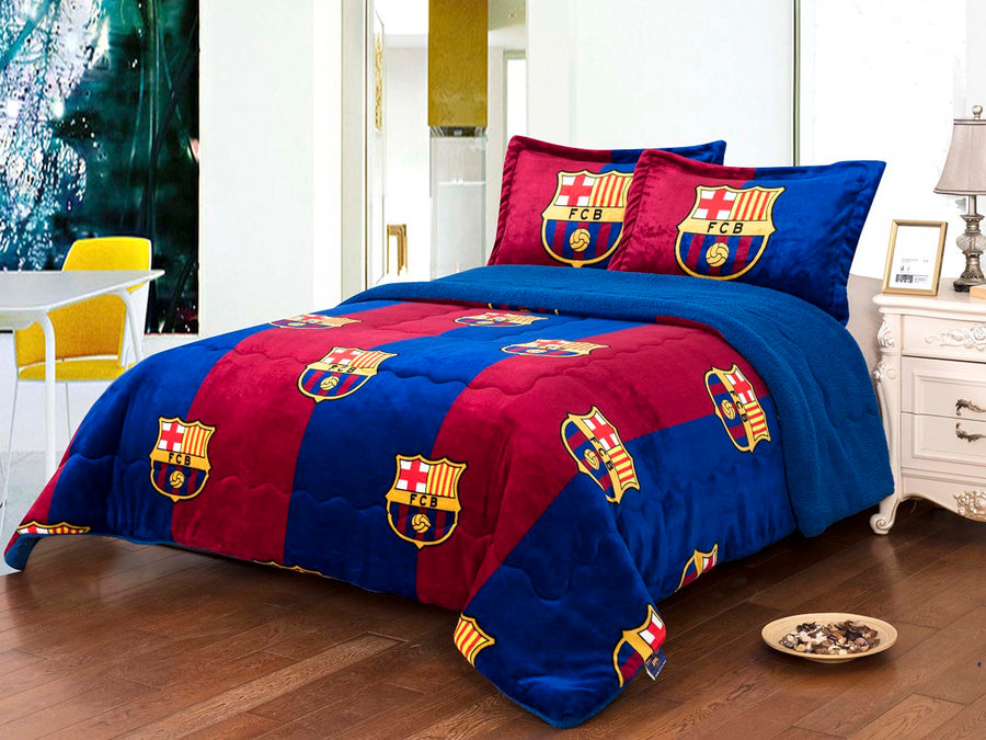 Soccer King 3pc Sherpa (Borrego) Lined Blanket Set, FCBarcelona