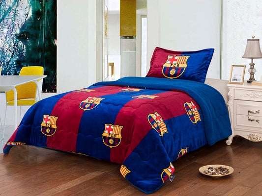 Soccer Twin Size 3pc Sherpa (Borrego) Lined Blanket Set, FCBarcelona
