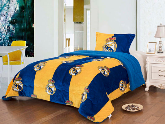 Soccer 3pc Sherpa Twin SIze (Borrego) Lined Blanket Set, Real Madrid