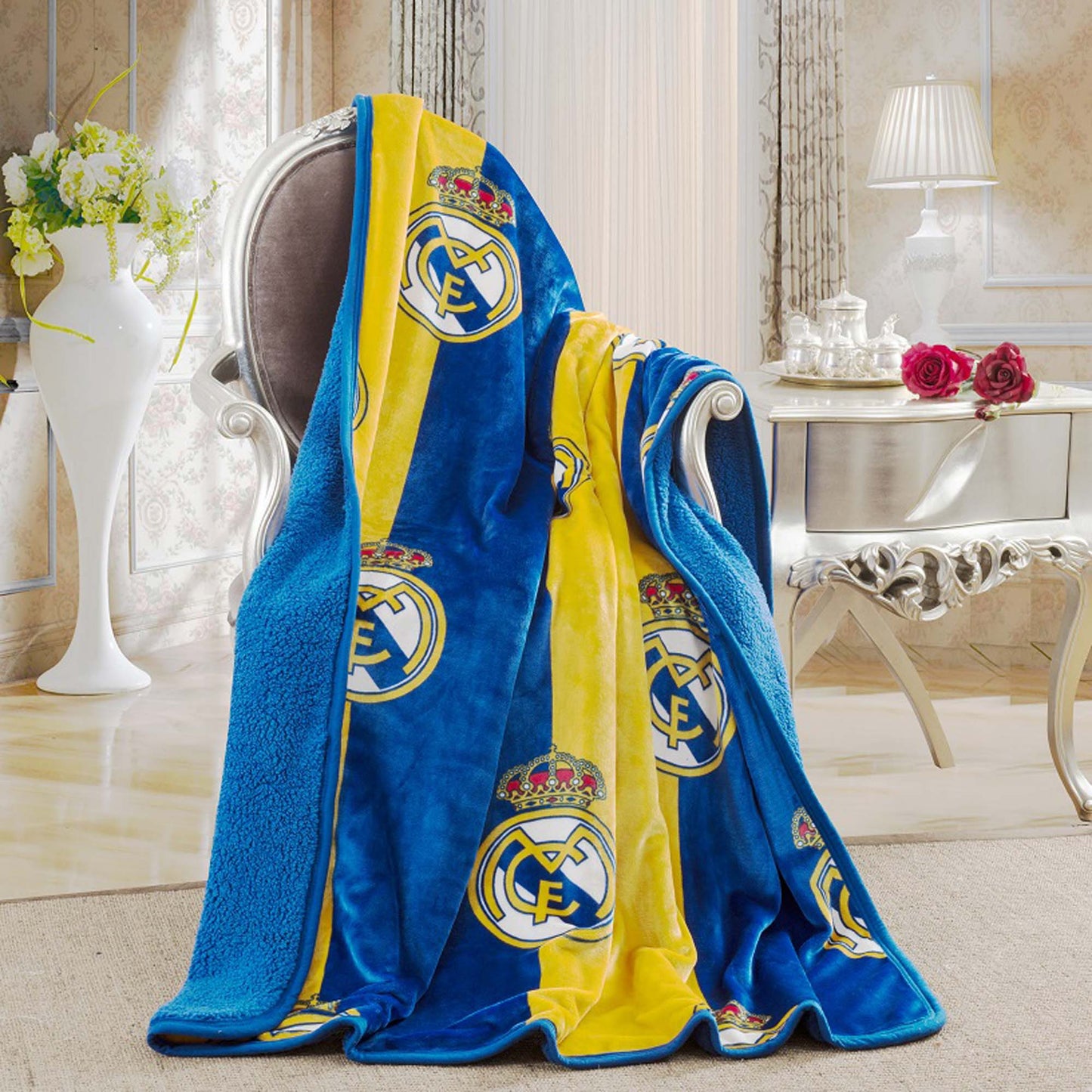 Soccer Real Madrid, Silk Touch Sherpa (Borrego) Lined Throw Blanket - Officially Licensed My Store Fan Gear - Apparel category - Fan Trendz