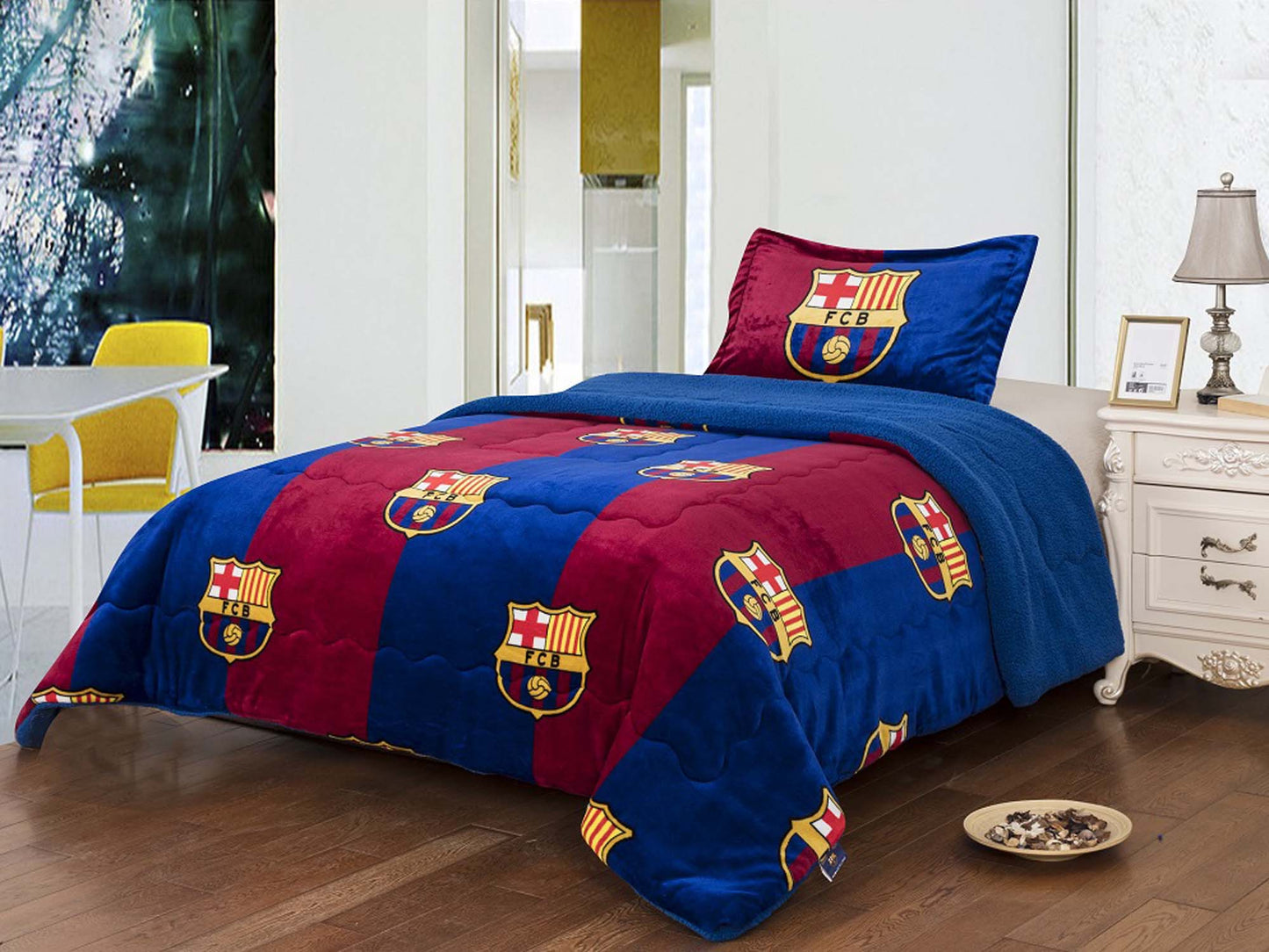 Soccer Twin Size 3pc Sherpa (Borrego) Lined Blanket Set, FCBarcelona - Fan Trendz