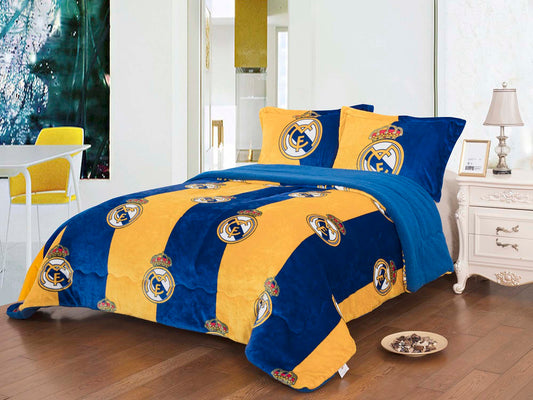 Soccer King size 3pc Sherpa (Borrego) Lined Blanket Set, Real Madrid