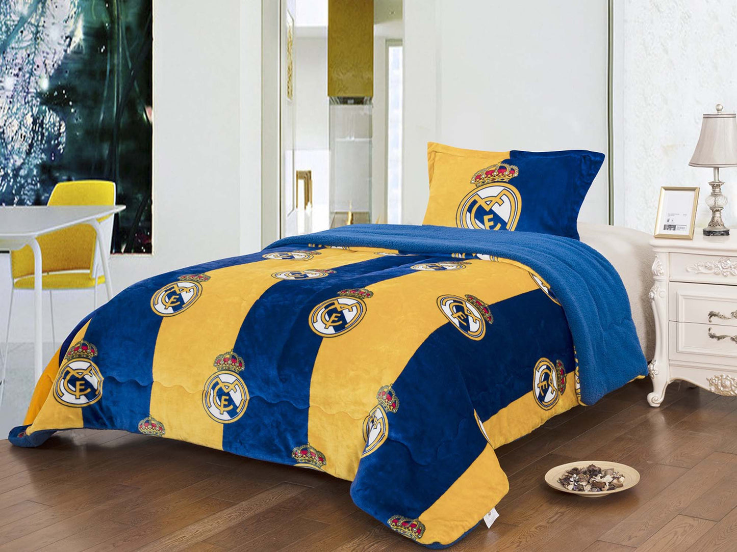 Soccer 3pc Sherpa Twin SIze (Borrego) Lined Blanket Set, Real Madrid - Officially Licensed My Store Fan Gear - Apparel category - Fan Trendz