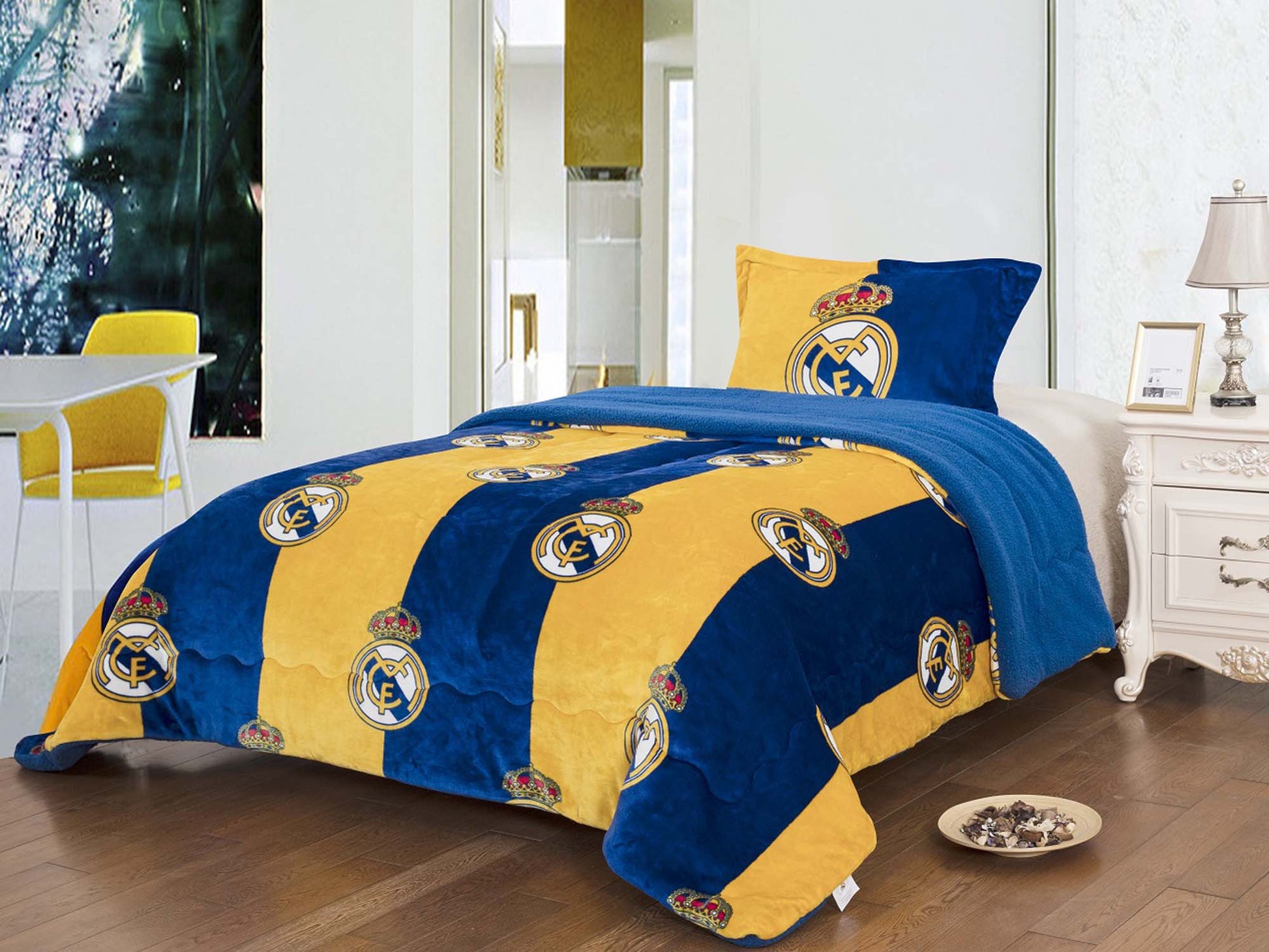 Soccer 3pc Sherpa Twin SIze (Borrego) Lined Blanket Set, Real Madrid - Officially Licensed My Store Fan Gear - Apparel category - Fan Trendz