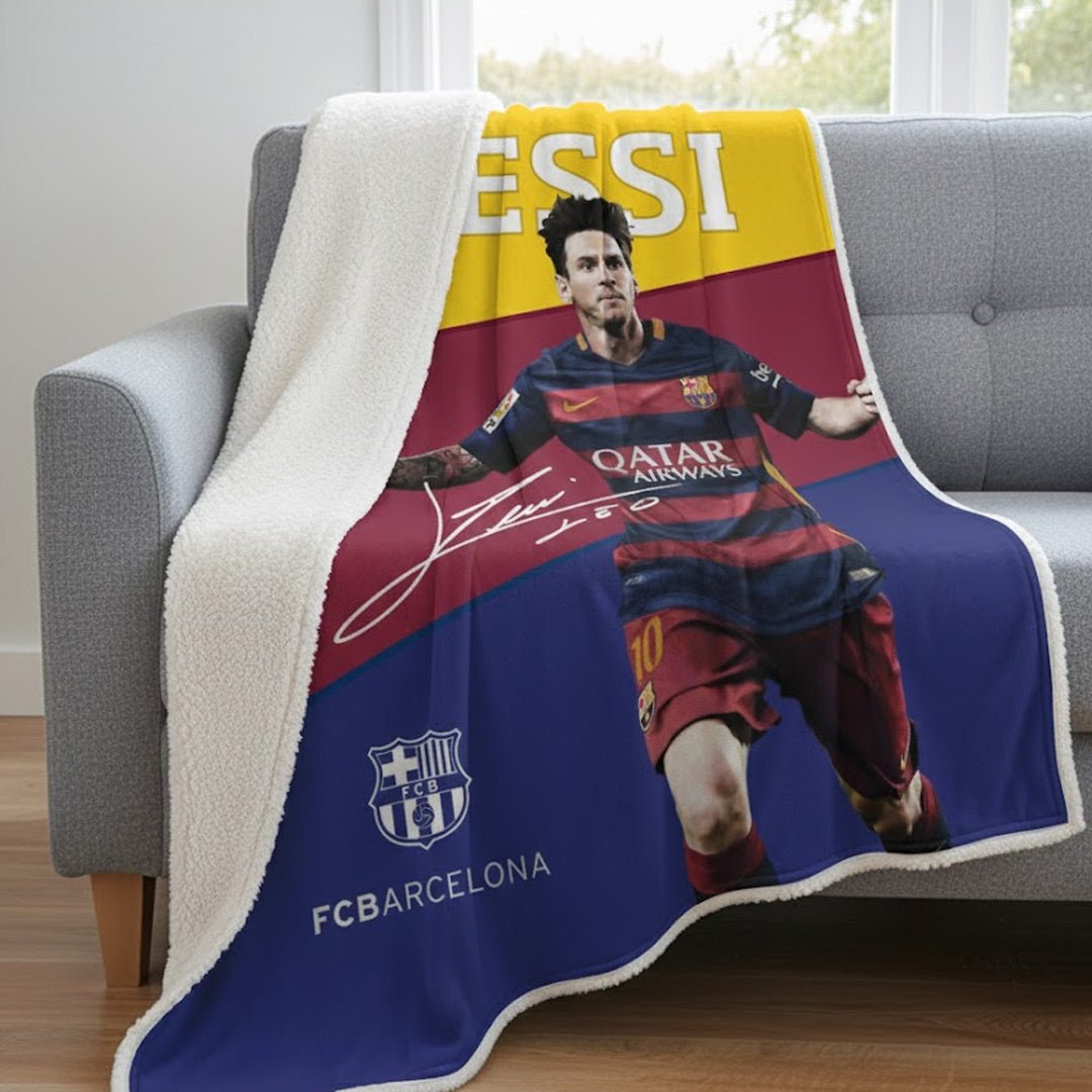 Soccer FC Barcelona - Messi, Silk Touch Sherpa (Borrego) Lined Throw Blanket - Officially Licensed My Store Fan Gear - Apparel category - Fan Trendz