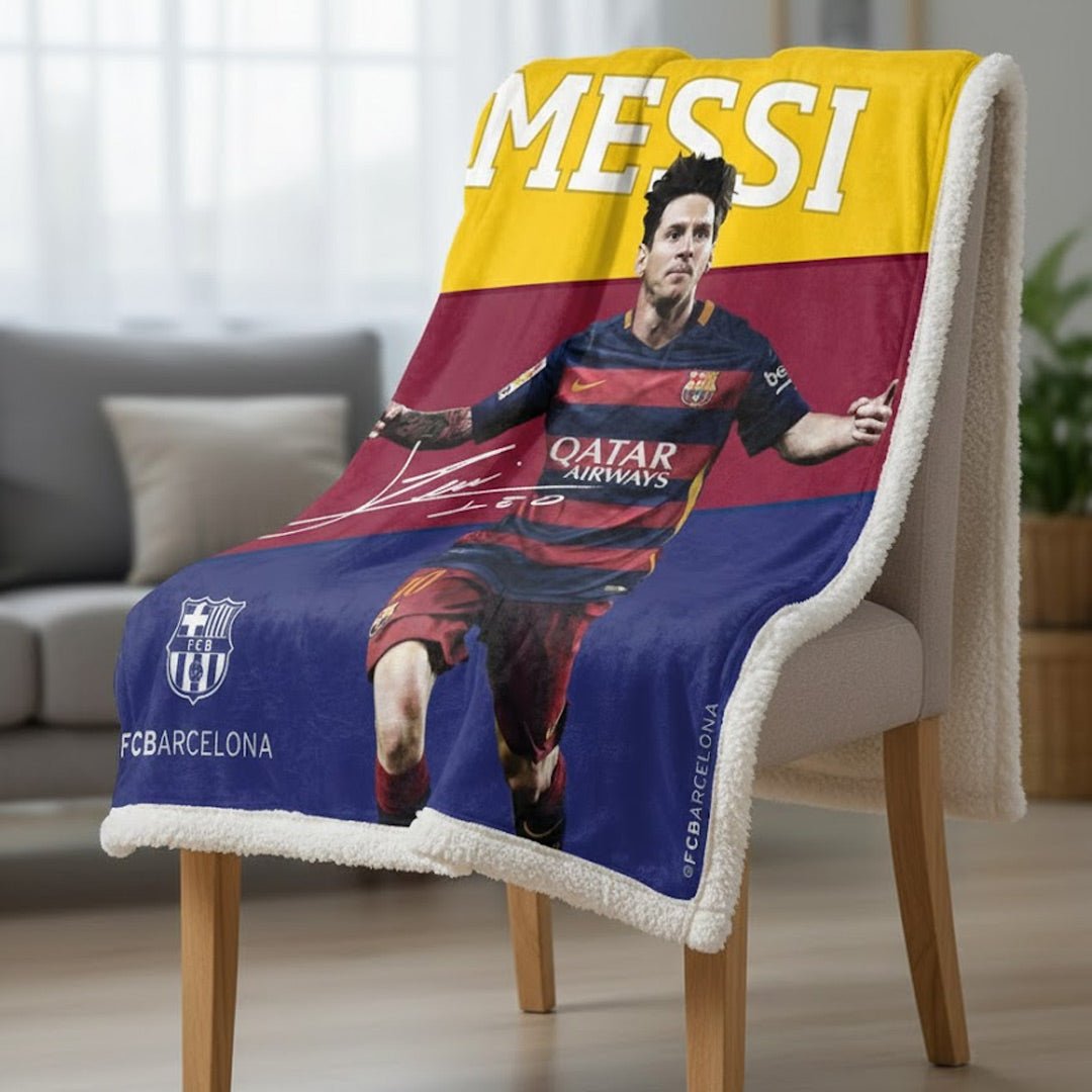 Soccer FC Barcelona - Messi, Silk Touch Sherpa (Borrego) Lined Throw Blanket - Officially Licensed My Store Fan Gear - Apparel category - Fan Trendz