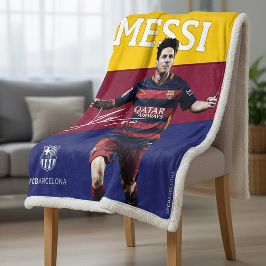 Soccer FC Barcelona - Messi, Silk Touch Sherpa (Borrego) Lined Throw Blanket - Fan Trendz