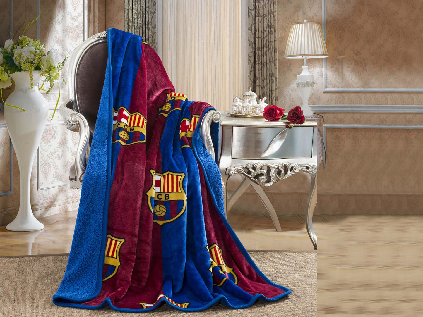 Soccer FC Barcelona, Silk Touch Sherpa (Borrego) Lined Throw Blanket - Officially Licensed My Store Fan Gear - Apparel category - Fan Trendz