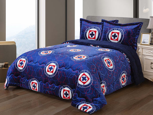 Soccer King Size, Cruz Azul 3 pc Sherpa (Borrego) Lined Blanket Set - Fan Trendz
